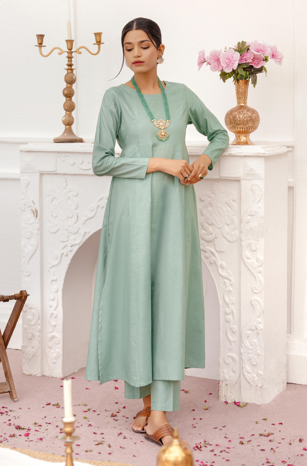 Jahan Noor Green Handprinted Anarkali Suit Set main image 0