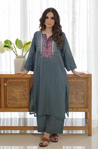 Manto's 2 Piece Cambric Blue Naqsh Coord Set with Long Shirt and Culotte Pants. Featuring Urdu Calligraphy of Words by Allama Iqbal