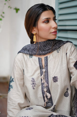 Manto Women's Stitched 2 Piece Matching Lawn Uraan Beige & Black Co-ord Set Calligraphed with Words of Kaif Moradaabadi