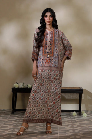 Manto Women's 2 Piece Stitched Beige Kaftaan Set with Urdu Calligraphy