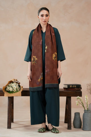 Printed brown winter stole with Urdu calligraphy