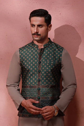 Manto Men's Festive Wear Green Vasket with Urdu Calligraphy