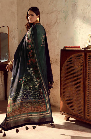 Manto Women's Ready to Wear 3 Piece Green & Black Co-Ord Set with Urdu Calligraphy