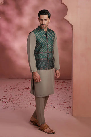 Manto Men's Festive Wear Green Vasket with Urdu Calligraphy
