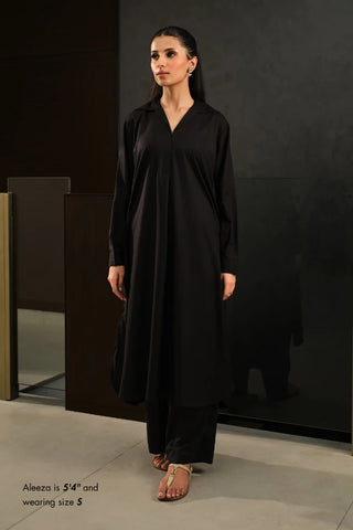 Jet Black shirt collar Kameez/ Kurta from our Manto Mira collection. Premium quality and comfortable Manto fabric with Trouser/ Pajama Pants.
