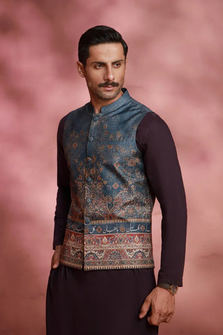 Manto Men's Festive Wear Raw Silk Grey Vasket with Urdu Calligraphy