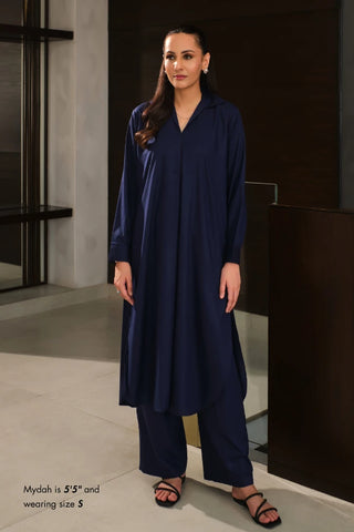 Shopmanto, wear manto, manto clothing brand, manto pakistan, ladies clothing brand, urdu calligraphy clothing, wearmanto women's collection wash n wear 2 piece solid midnight blue colour kurta and pajama mira set, women 2 piece solid coord set