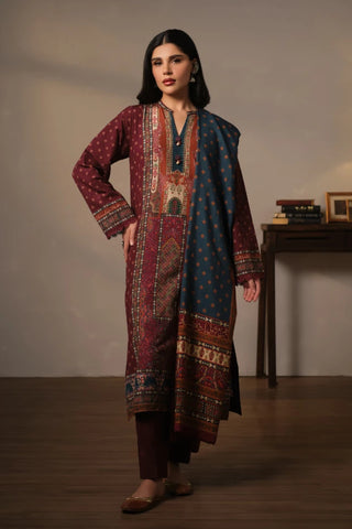 Women's Printed Maroon 3-Piece set with Motifs and Urdu Calligraphy