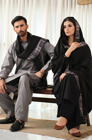 Manto Women's Stitched 1 Piece Manzil Shawl Black Featuring Urdu Calligraphy of Poetry by Allama Iqbal