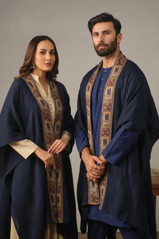 Manto's Unisex Blue Acrylic Cape featuring Urdu Calligraphy printed on the border