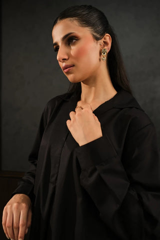 Jet Black shirt collar Kameez/ Kurta from our Manto Mira collection. Premium quality and comfortable Manto fabric with Trouser/ Pajama Pants.