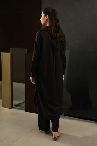 Jet Black shirt collar Kameez/ Kurta from our Manto Mira collection. Premium quality and comfortable Manto fabric with Trouser/ Pajama Pants.
