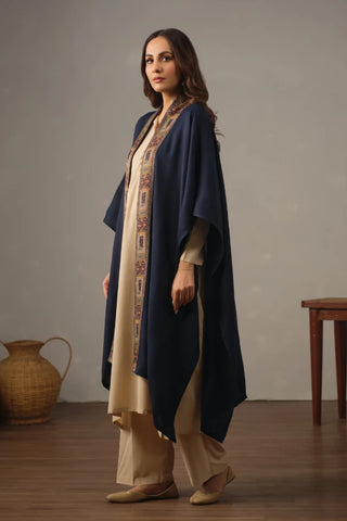 Manto's Unisex Blue Acrylic Cape featuring Urdu Calligraphy printed on the border