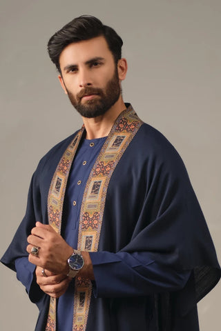 Manto's Unisex Blue Acrylic Cape featuring Urdu Calligraphy printed on the border
