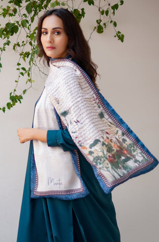 Manto Women's Stitched 1 Piece Crepe Silk Beige & Blue Khwahish Stole Featuring Poetry of Behzad Lucknavi