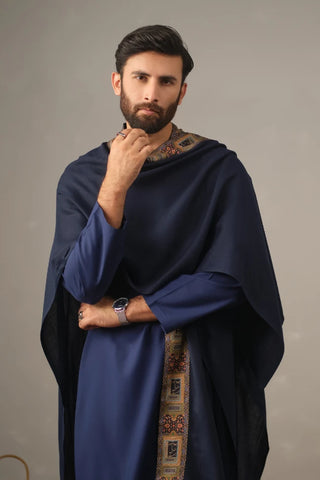 Manto's Unisex Blue Acrylic Cape featuring Urdu Calligraphy printed on the border