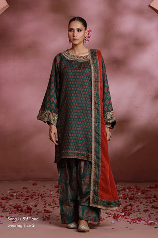 Manto Women's Ready to wear Deep Green Festive Wear 3 Piece Set with Urdu Calligraphy