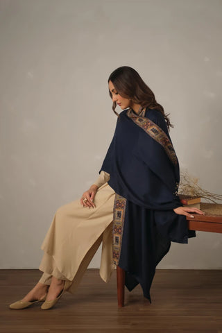 Manto's Unisex Blue Acrylic Cape featuring Urdu Calligraphy printed on the border