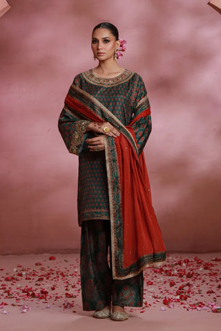 Manto Women's Ready to wear Deep Green Festive Wear 3 Piece Set with Urdu Calligraphy