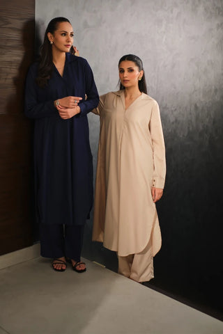 Shopmanto, wear manto, manto clothing brand, manto pakistan, ladies clothing brand, urdu calligraphy clothing, wearmanto women's collection wash n wear 2 piece solid midnight blue colour kurta and pajama mira set, women 2 piece solid coord set