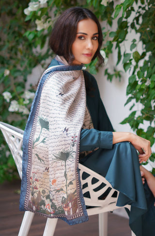 Manto Women's Stitched 1 Piece Crepe Silk Beige & Blue Khwahish Stole Featuring Poetry of Behzad Lucknavi