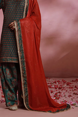 Manto Women's Ready to wear Deep Green Festive Wear 3 Piece Set with Urdu Calligraphy