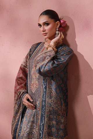 Manto Women's Festive Wear 3 Piece Raw Silk Grey Set with Urdu Calligraphy