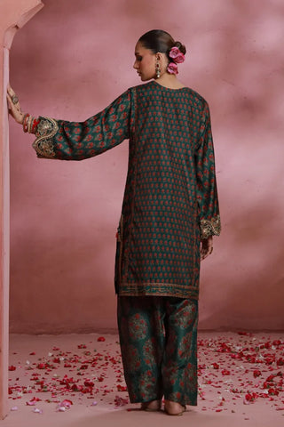 Manto Women's Ready to wear Deep Green Festive Wear 3 Piece Set with Urdu Calligraphy