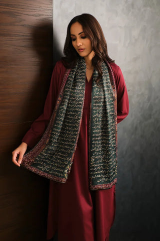 Manto Women's Crinkled Silk Green Haya Stole Featuring Urdu Poetry