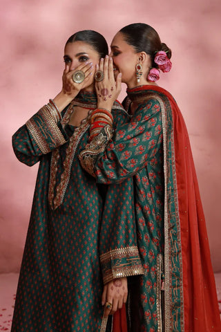 Manto Women's Ready to wear Deep Green Festive Wear 3 Piece Set with Urdu Calligraphy