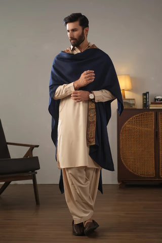 Manto's Unisex Blue Acrylic Cape with Printed Borders