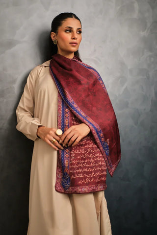 Manto Women's Crinkled Silk Maroon Haya Stole Featuring Urdu Poetry