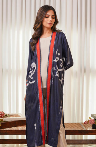 Shopmanto, wear manto, manto clothing brand, manto pakistan, ladies clothing brand, urdu calligraphy clothing, wear manto shades of dusk women front open upper cape sooraj shrug with urdu calligraphy