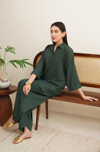 Raya Solid Green Co-ord set is made from ultra-soft wash and wear material featuring short shirt with collar and placket details and shalwar with relaxed fit