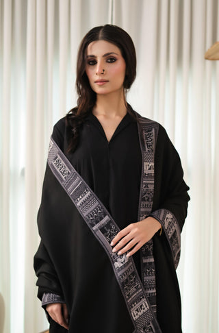 Manto Women's Stitched 1 Piece Manzil Shawl Black Featuring Urdu Calligraphy of Poetry by Allama Iqbal