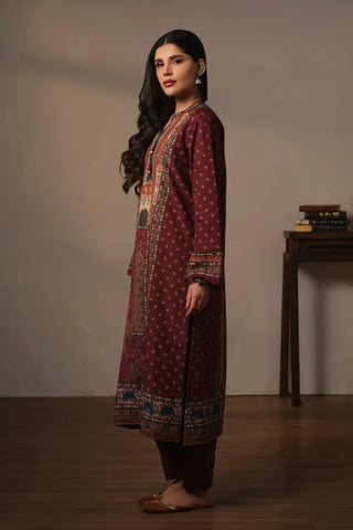 Women's Printed Maroon 3-Piece set with Motifs and Urdu Calligraphy