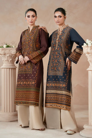 Woman wearing a traditional blue printed kurta with a beige background