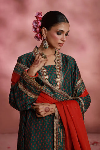 Manto Women's Ready to wear Deep Green Festive Wear 3 Piece Set with Urdu Calligraphy