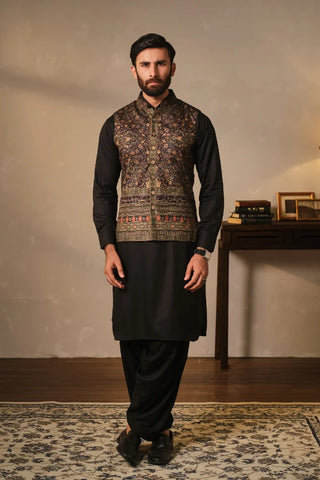 Manto Men's Black Printed Waistcoat with Urdu Calligraphy