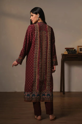 Women's Printed Maroon 3-Piece set with Motifs and Urdu Calligraphy