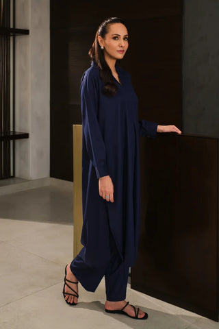 Shopmanto, wear manto, manto clothing brand, manto pakistan, ladies clothing brand, urdu calligraphy clothing, wearmanto women's collection wash n wear 2 piece solid midnight blue colour kurta and pajama mira set, women 2 piece solid coord set