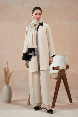 Manto Women's Ready to Wear Beige 2 Piece Matching Co-Ord Set with Embroidery