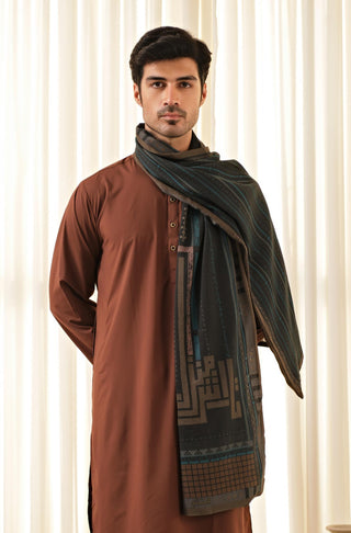 Man wearing Manto's Unisex Double Sided Teal Talaash-e-manzil Stole featuring Urdu Calligraphy