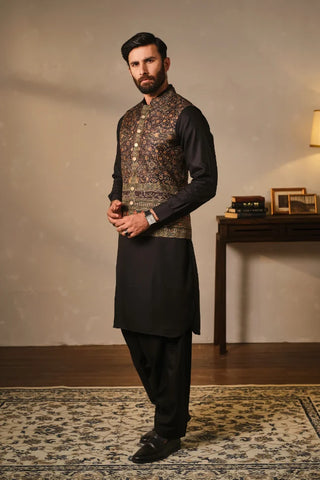 Manto Men's Black Printed Waistcoat with Urdu Calligraphy