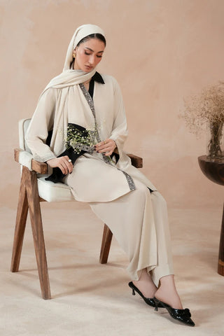 Manto Women's Beige Embroidered Scarf Paired with Beige Outfit