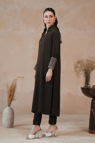 Manto Women's Ready to Wear Brown Matching 2 Piece Co-Ord Set with Embroidery