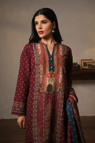 Women's Printed Maroon 3-Piece set with Motifs and Urdu Calligraphy