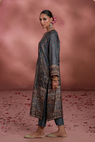 Manto Women's Festive Wear 3 Piece Raw Silk Grey Set with Urdu Calligraphy