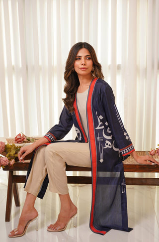 Shopmanto, wear manto, manto clothing brand, manto pakistan, ladies clothing brand, urdu calligraphy clothing, wear manto shades of dusk women front open upper cape sooraj shrug with urdu calligraphy