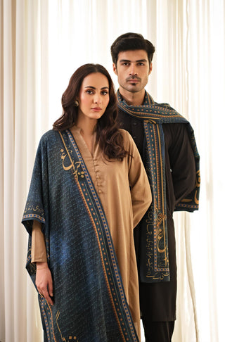 Duo Shot of Manto's Unisex Double Sided Blue Chirag Stole featuring Urdu Calligraphy